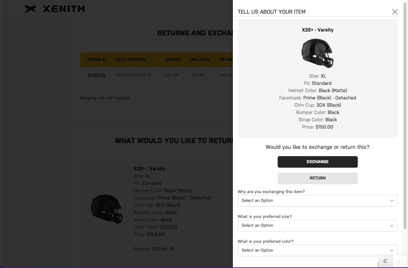 screenshot of returns and exchanges UI flow