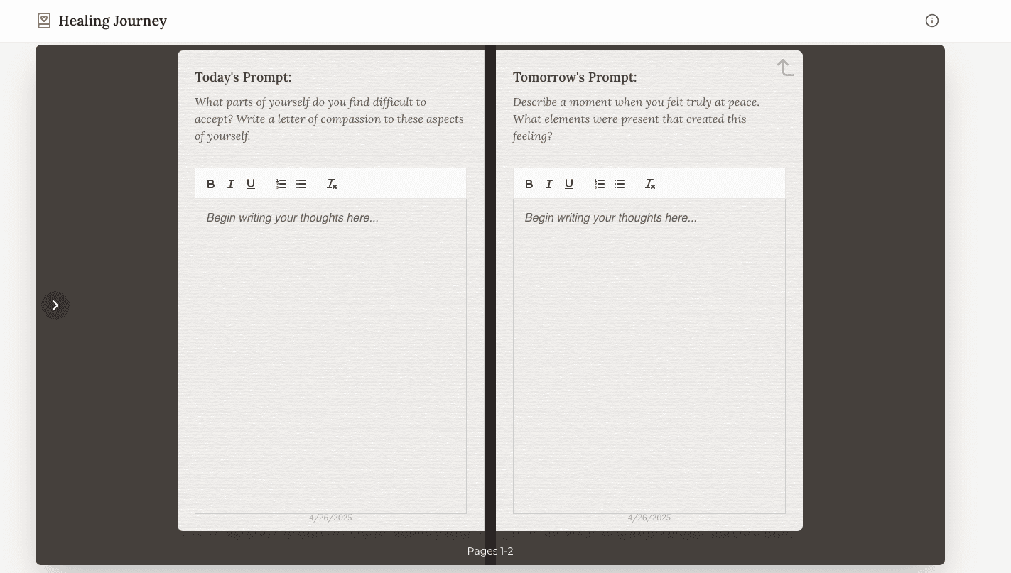 Screenshot of digital healing journal application