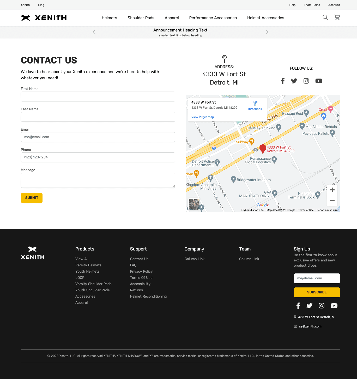 screenshot of xenith.com/contact template